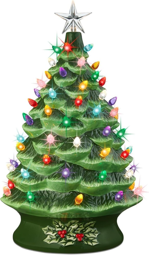 24"Extra Large Ceramic Christmas Tree Pre-Lit Hand-Painted Tabletop Holiday Tree