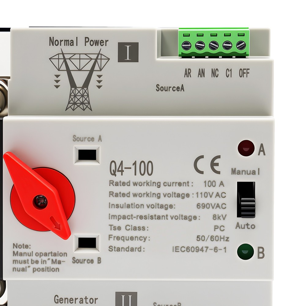 Automatic Transfer Switch Dual Power 100A 2P Power Generator Changeover Switch