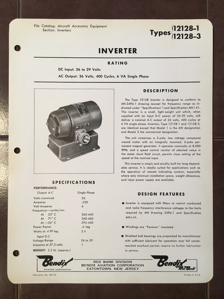 Bendix 12128-1/3 Inverter Data Sheet with Wiring Diagram.