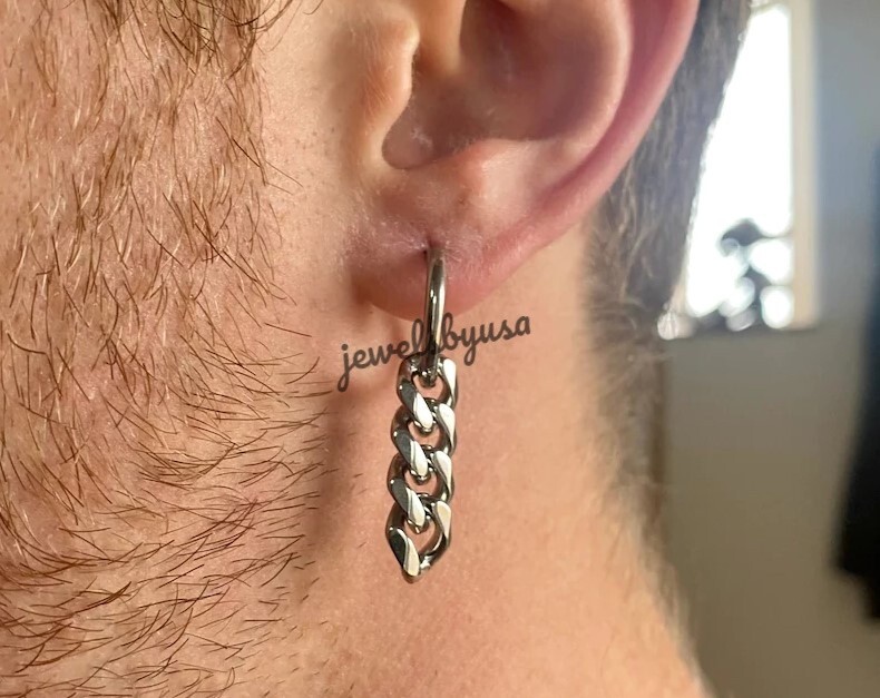 Awesome Gift For Boyfriend Solid Metal Cuban Link Dangle Earring 925 Silver