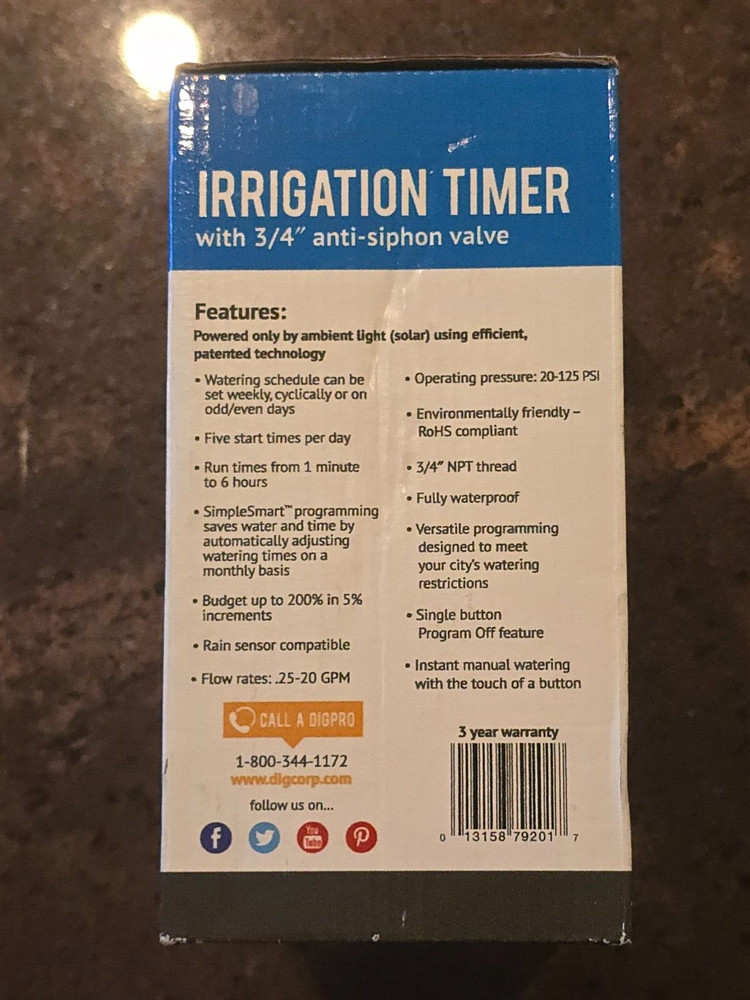 DIG Solar Powered Irrigation Timer Controller with 3/4 inch Anti-Siphon Valve