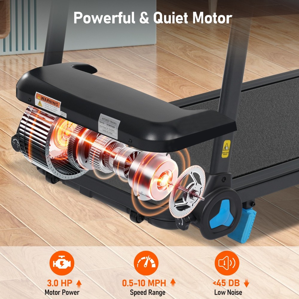 3.0HP 10MPH Foldable Treadmill 8% Incline Type C & USB Charge Station Bluetooth