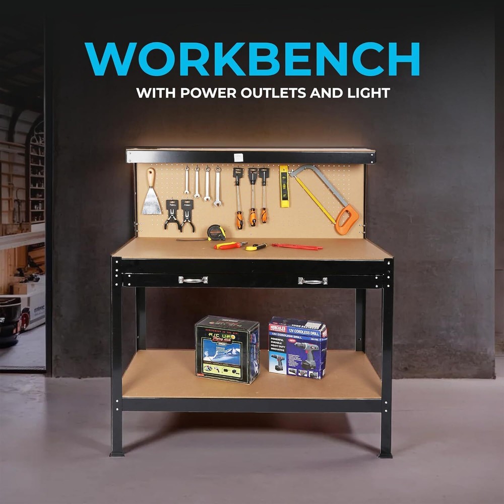 48" Workbench with Power Outlets & Light, 500LBS Capacity, Heavy-Duty Table