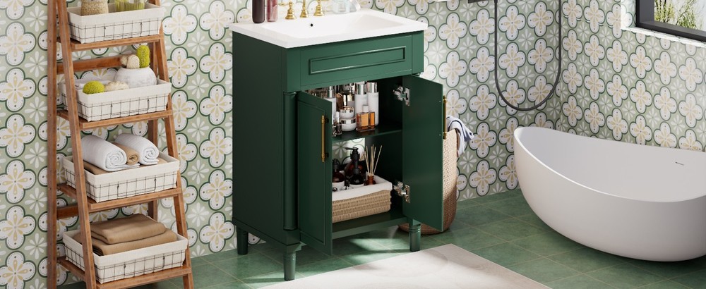 24 in Small Bathroom Vanity w/ Ceramic Sink & 2 Doors, Solid Wood&MDF, Green