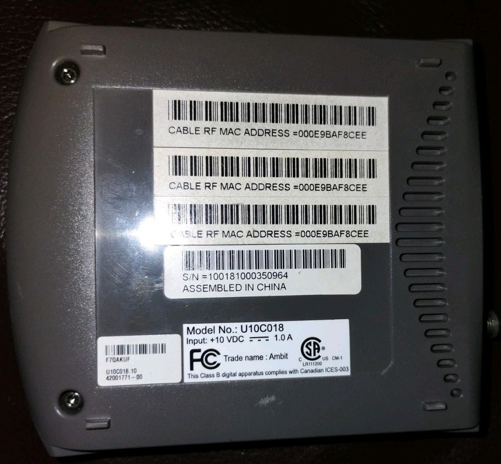 Ubee Ambit U10C018 DOCSIS 2.0 Cable Modem POWER TESTED