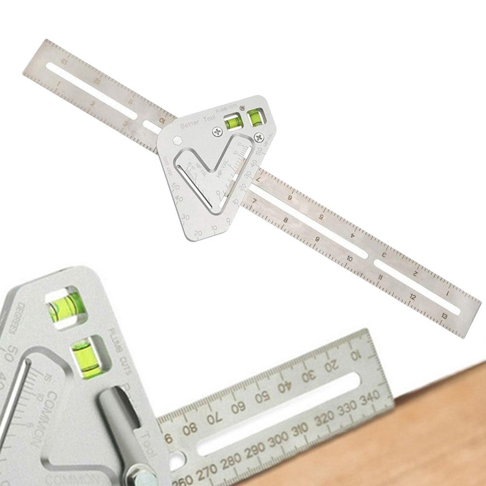 Compact Stainless Steel Woodworking Ruler Level Triangle and Protractor Tool