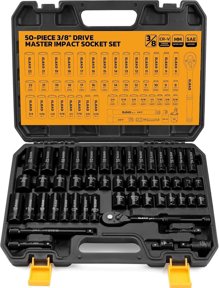3/8'' Drive Impact Socket Set - 50-Piece Shallow & Deep Socket Set Metric and St