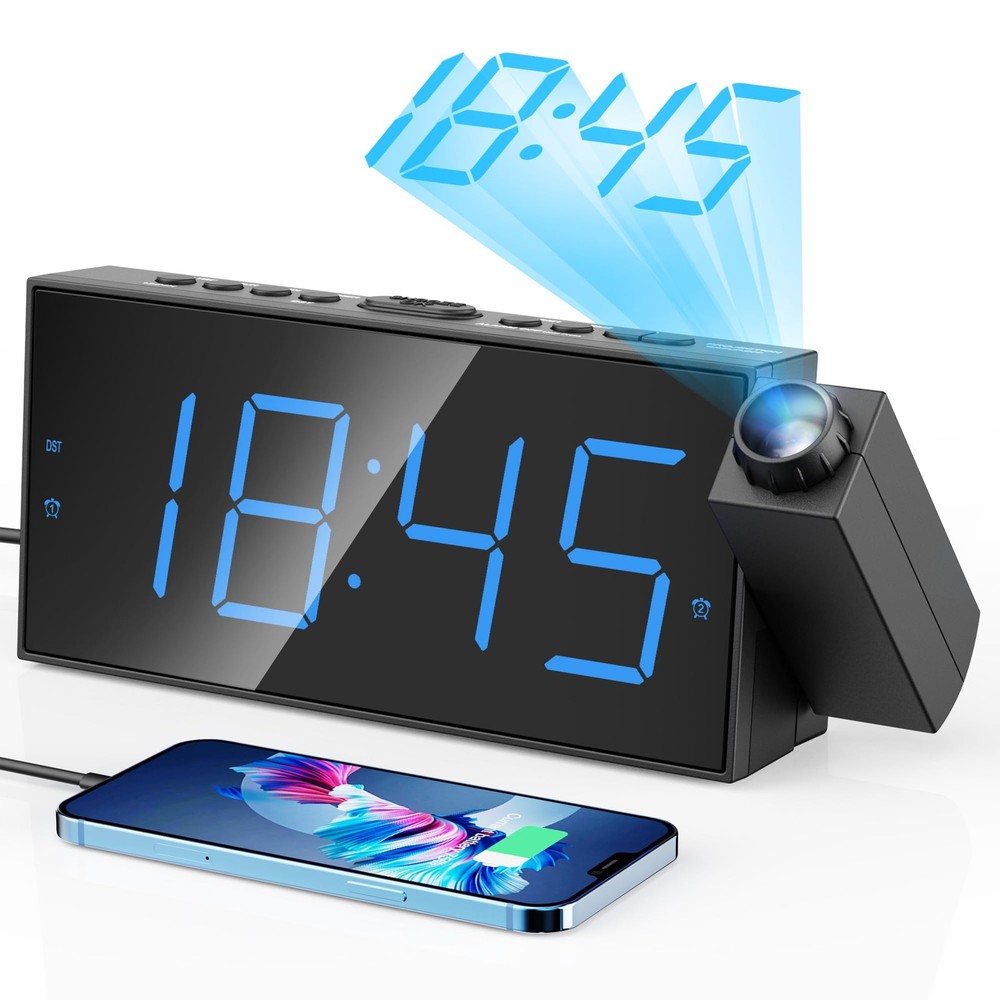 Bedside Alarm Clock With Projector, Dimmer, Dst, Battery Backup, Black