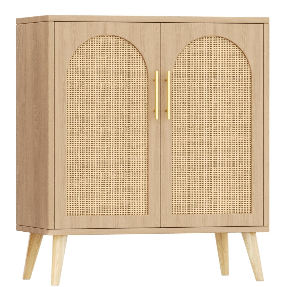 Rattan Buffet Cabinet with Storage, Boho Buffet Table with Adjustable Shelf a...