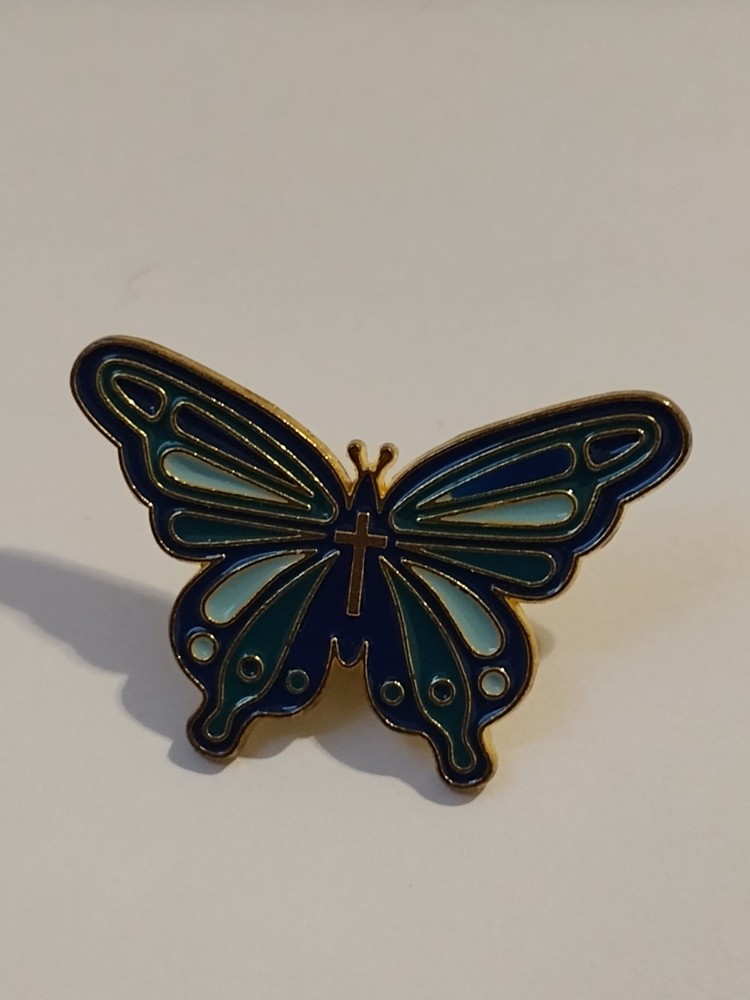 Multicolor Butterfly Religious Cross Lapel Pin