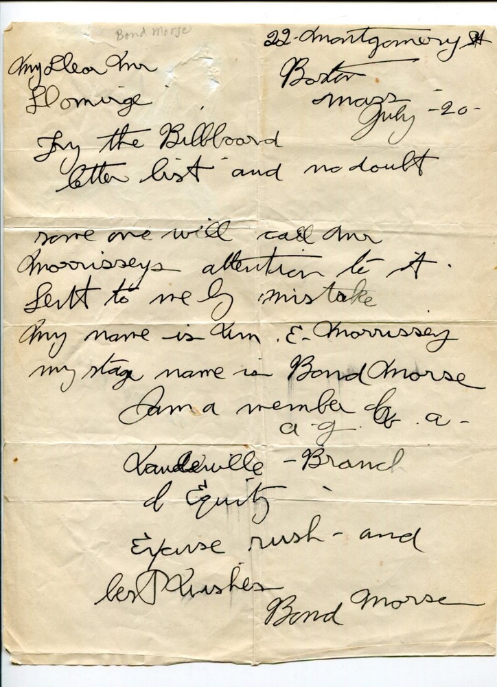 Bond Morse Vaudeville Actor Signed Autograph TSL