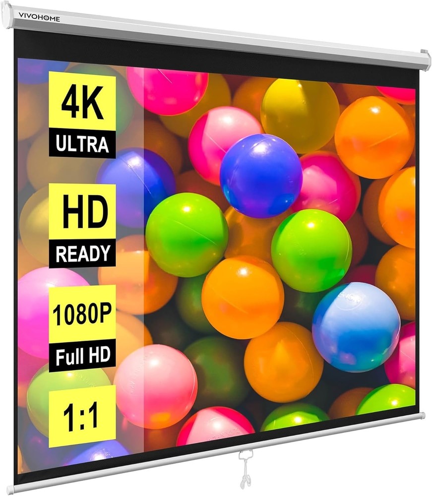 Projector Screen Pull Down, 1:1 120 Inch Retractable Projection Screen, HD 4K...