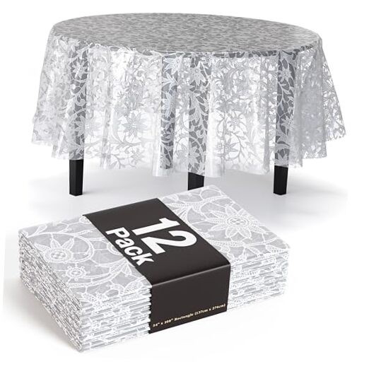 Lace Table Cloth Round Table Plastic 12-Pack Lace Round 84" White Lace