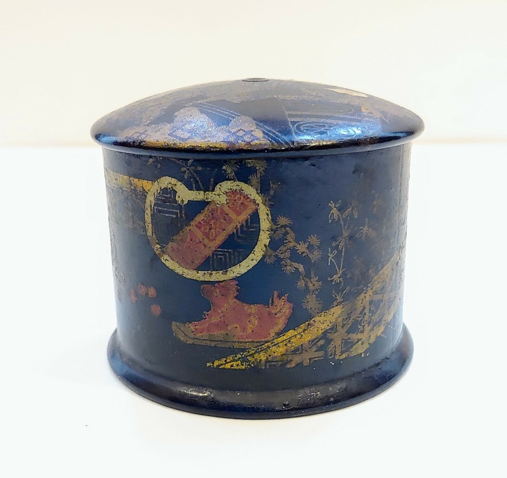 ANTIQUE JAPANESE PAPIER MACHE GOLD ON BLACK LACQUER THREAD STRING DISPENSER BOX