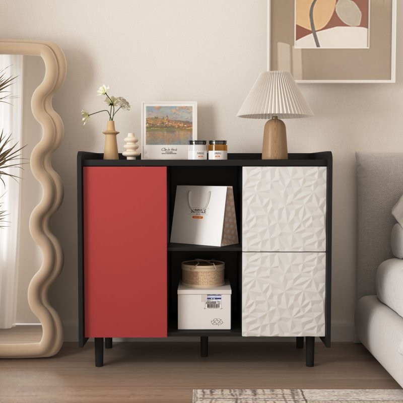 Sideboard Buffet Cabinet Modern Coffee Console with Storage,Red Doors,2 Drawers