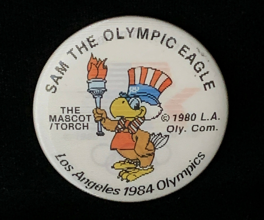 1984 Olympics Button "Lenticular" Sam Eagle Mascot w/Torch/Stars in Motion