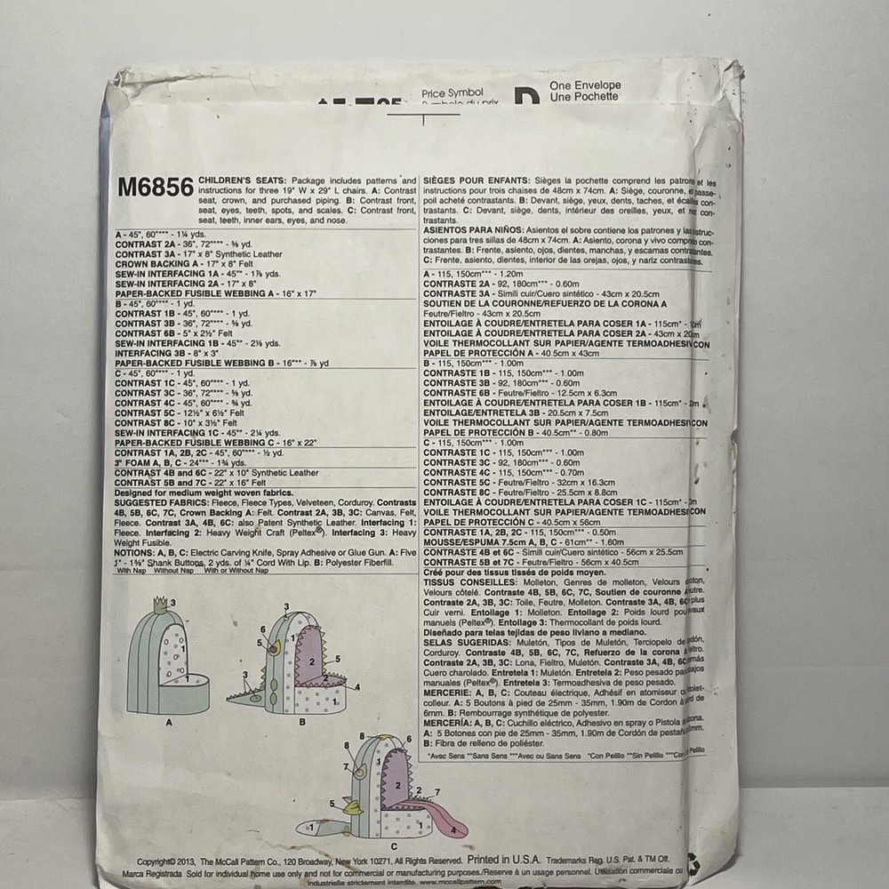 McCalls M6856 Fun Children's Seats Pattern Size OSZ