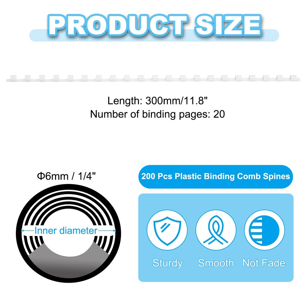 200 Pcs 6mm (1/4") Plastic Binding Combs 20 Sheet Capacity 21 Rings, White