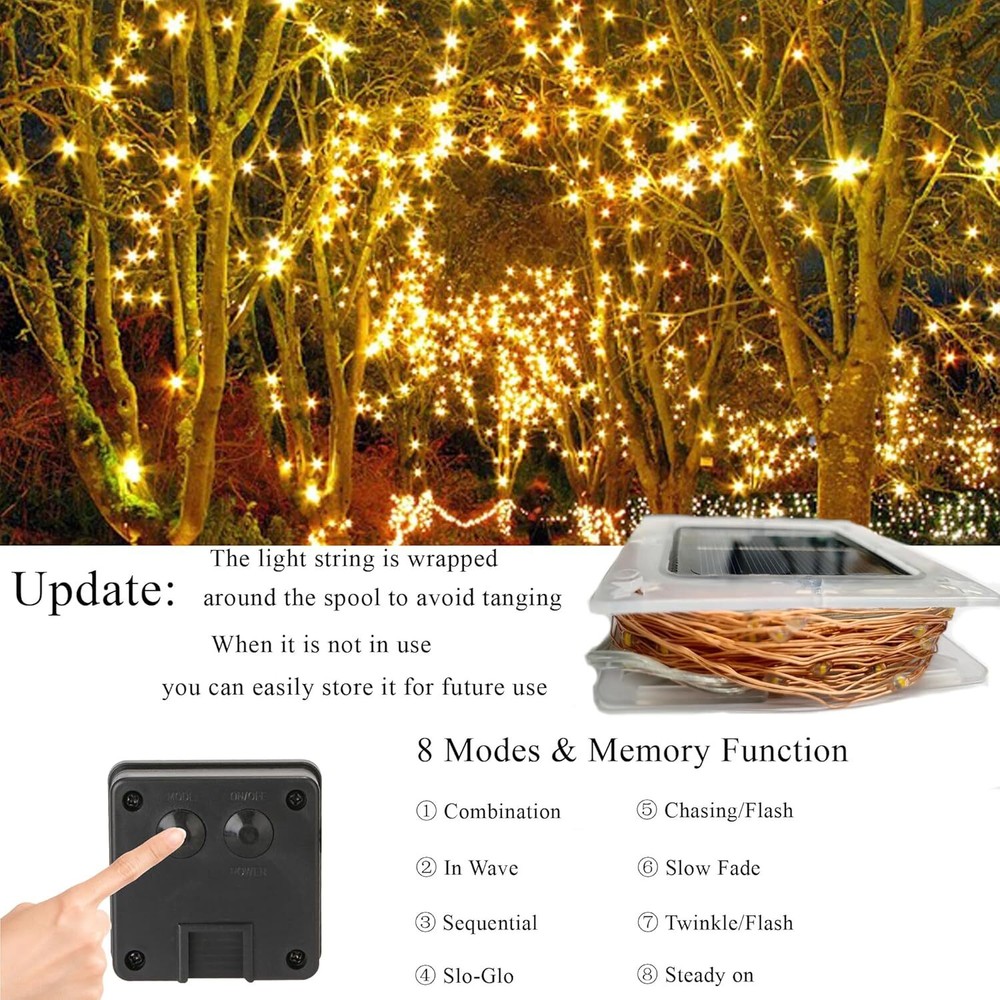 Solar String Lights Outdoor, 2Pack Total 100ft 300LED 8 Modes Solar Fa...