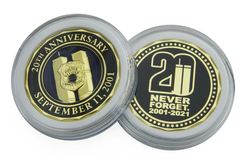 9-11 20th Anniversary NEVER FORGET WTC Thin Blue Line Shield CHALLENGE COIN