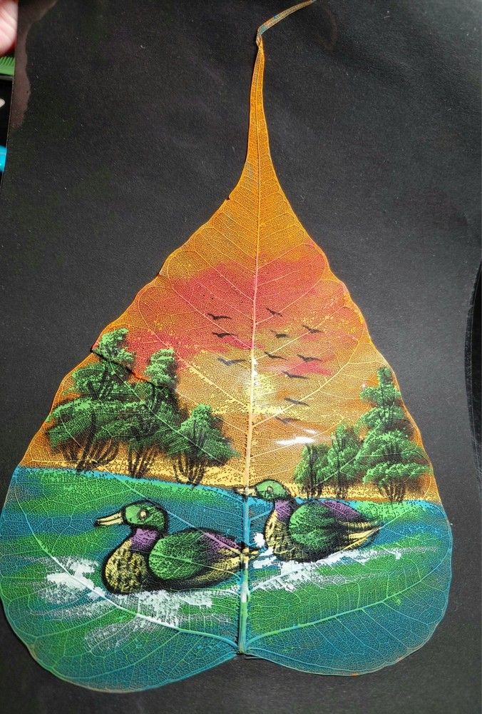 ⭐️GORGEOUS Hand Painted Mallard Ducks on Large Peepal Leaf⭐️
