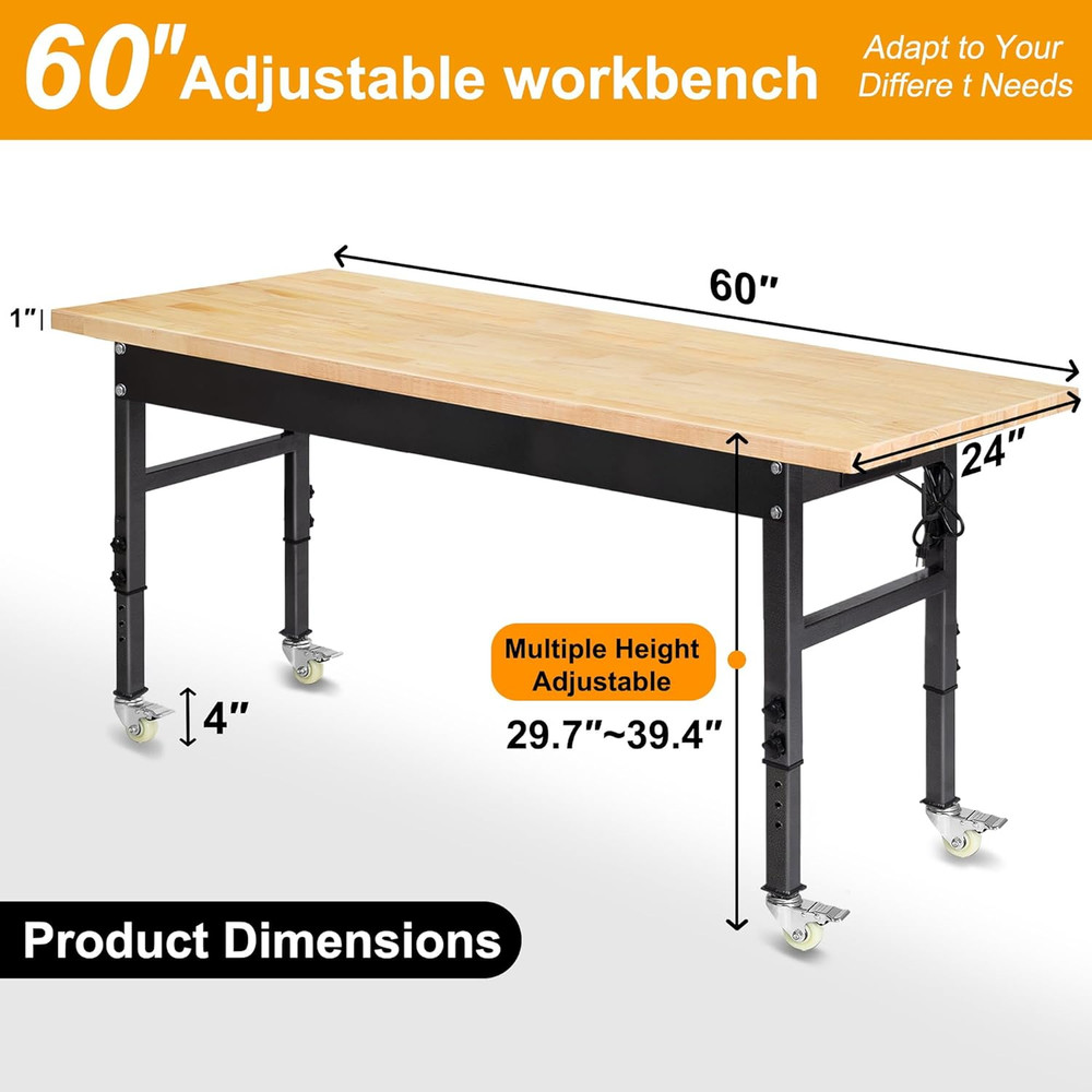 60" Adjustable Work Bench, Rubber Wood Top Workbench Heavy-Duty Work Table with
