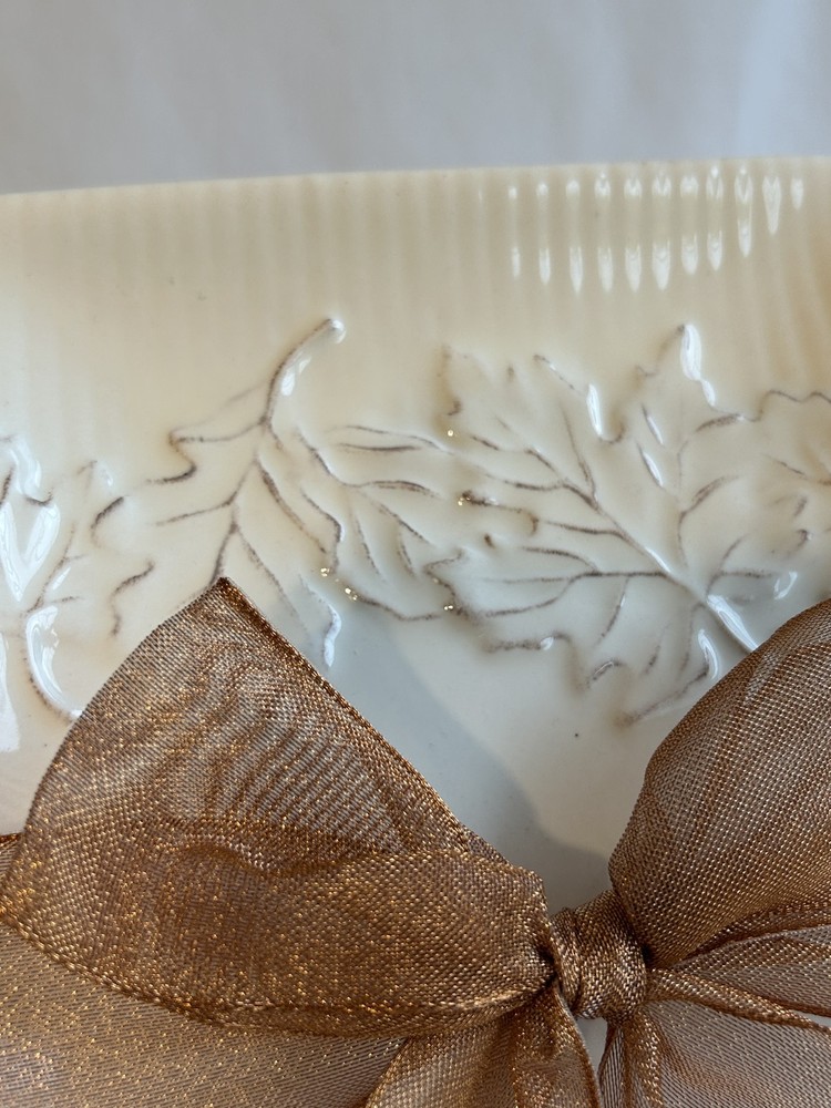 Hallmark Autumn Leaves Ceramic Platter Tray Rectangular Gold Ribbon Gift