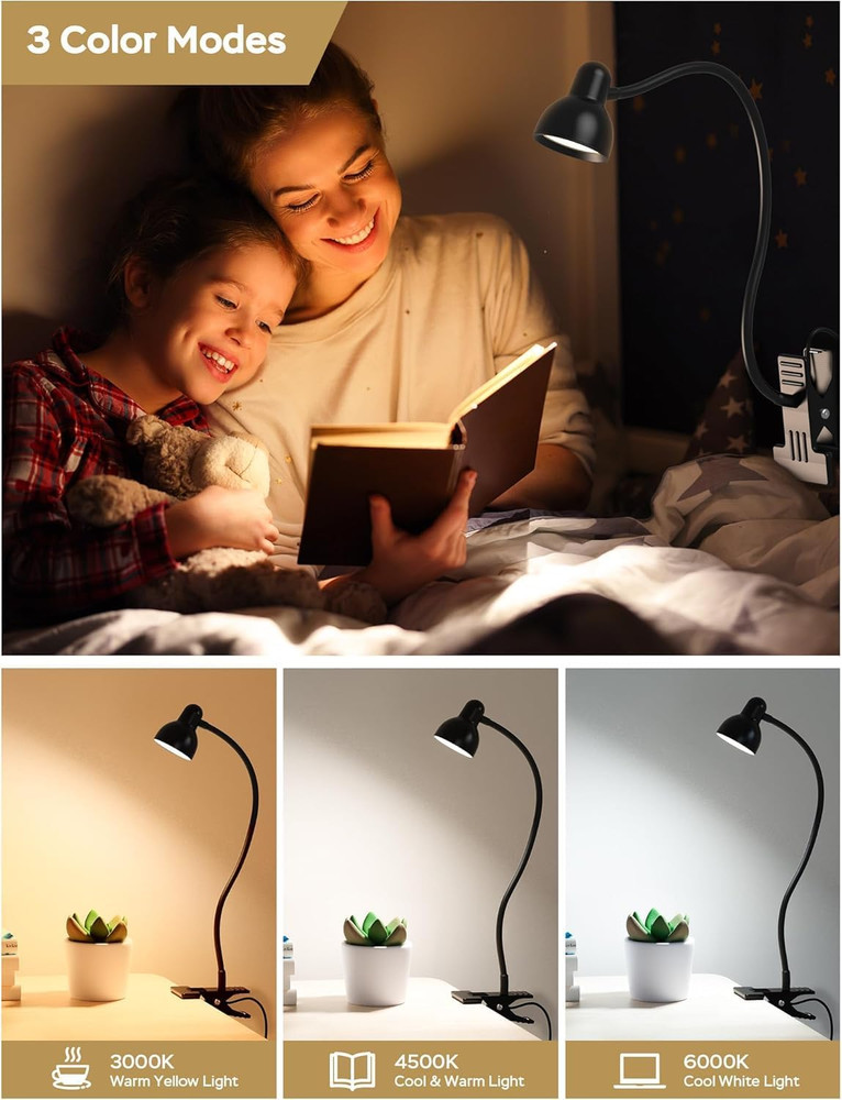 Clip on Light Reading Light for Bed 3 Color Modes 10 Dimmable Brightness Eye Car