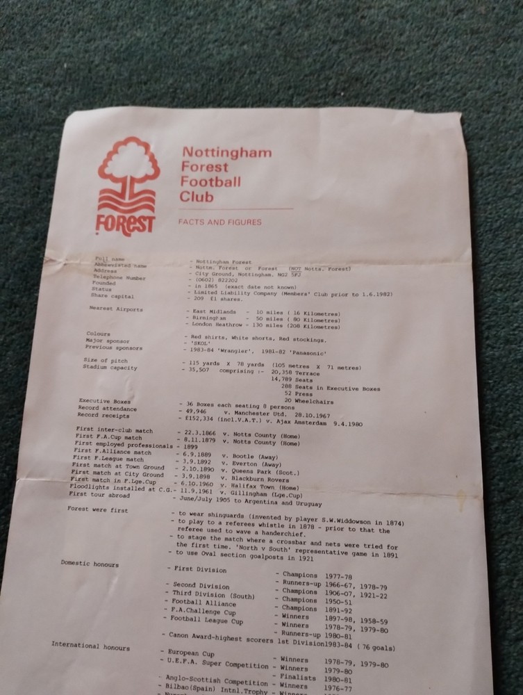 Sk226 EphemeraNottingham Forest Fact Sheet 1985