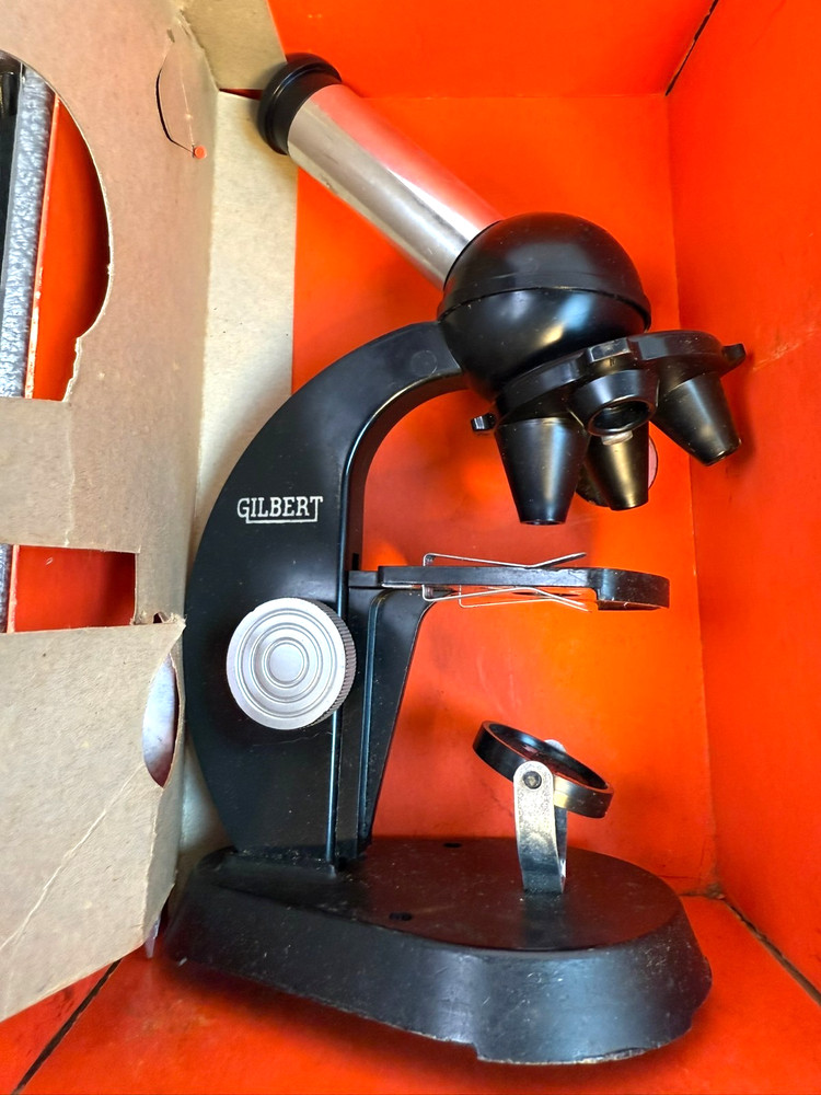 Gilbert Silver Medal Microscope Lab Set w/ 12 Slide Box & Case