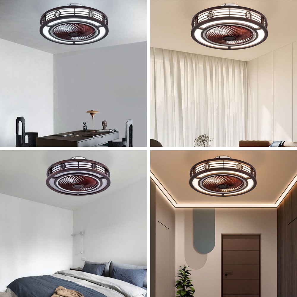 Caged Low Profile Ceiling Fan with Remote Control - Neo-Chinese Design