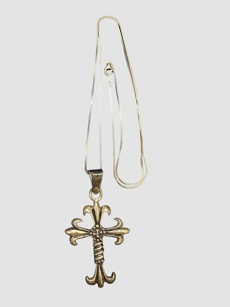 Sterling Silver Fleur De Lis Cross Gothic 25” Snake Chain