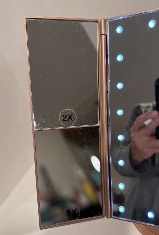 Tri-Fold Rose Gold Lighted Vanity Mirror, 21 LED Lights Touch Light Magnifying