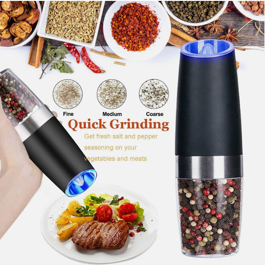 1x Gravity Electric Salt & Pepper Grinder Set Automatic Adjustable with Blue LED