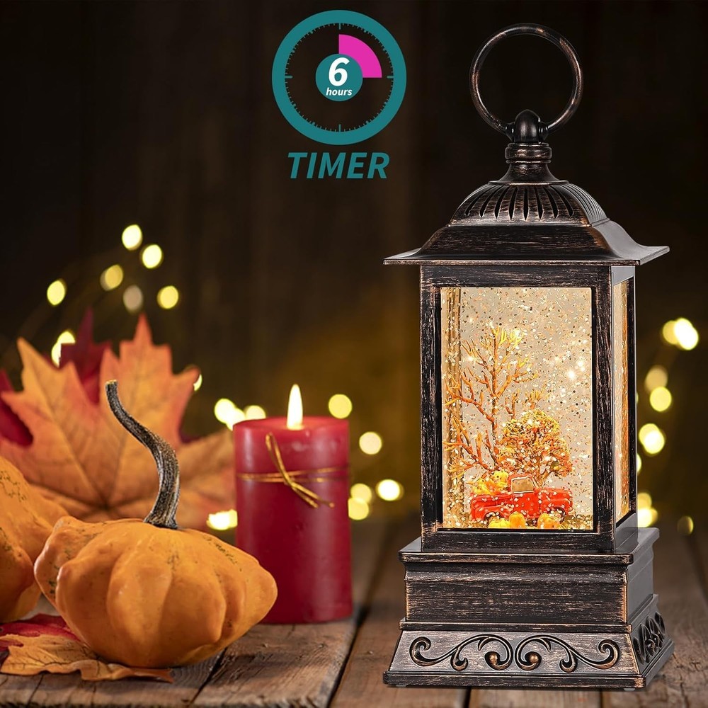 Charming Fall Snow Globe with Red Truck Lantern - 6H Timer & USB Powered