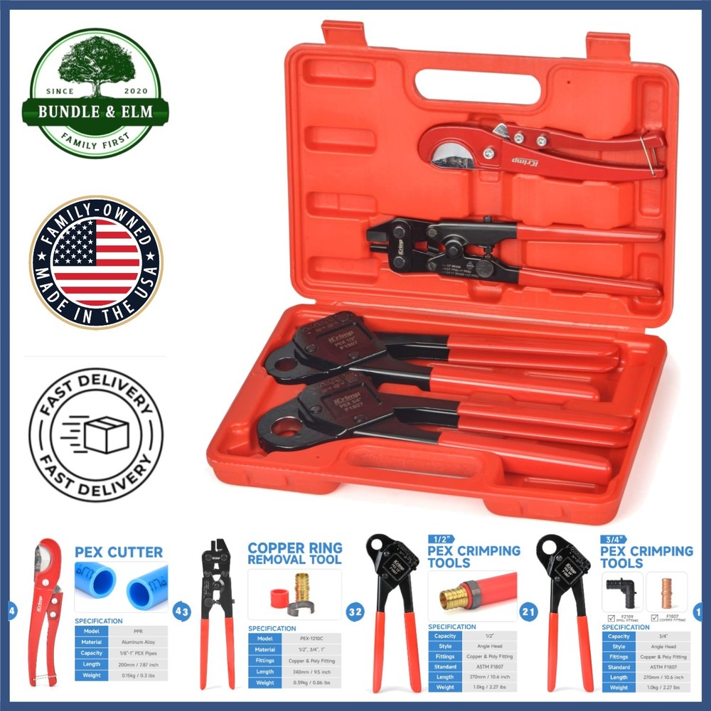 5-Piece PEX Crimping Tool Kit with Ergonomic Handles & Durable Carrying Case