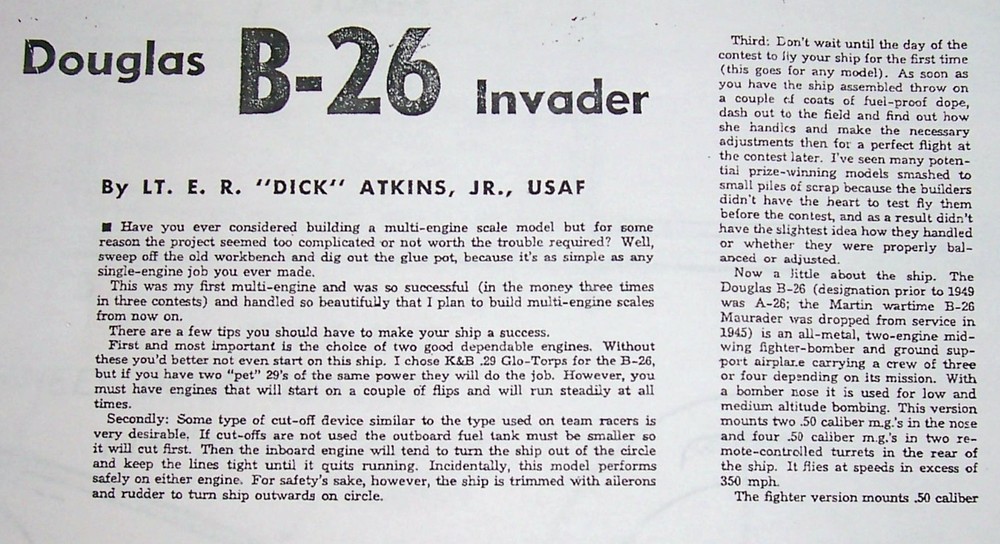 B-26 EXACT SCALE PLANS + CONSTRUCTION ARTICLE for 52" WW 2 UC Model Airplane