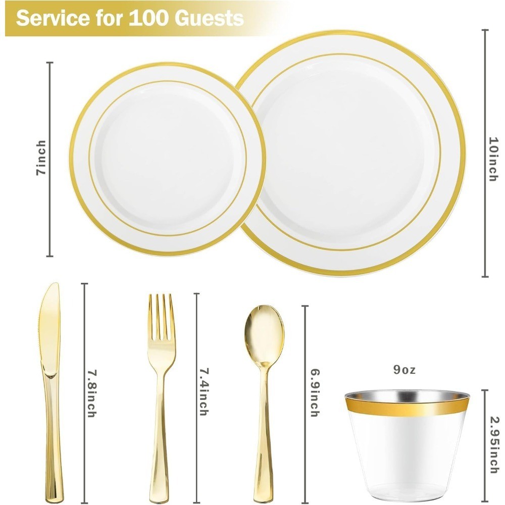 Disposable Plastic Plates Gold Dinnerware Set 600 PCS 100 Dinner Plates Dessert
