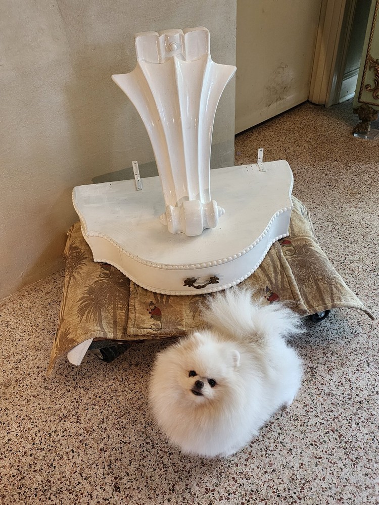 PAIR MID CENTURY MODERN Side Table or Consoles, Violin Scrolls Gloss White.