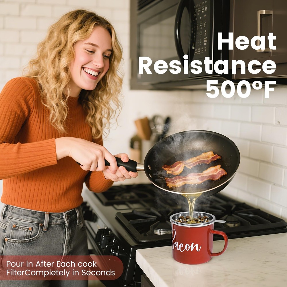 Bacon Grease Container with Strainer - 46oz Enamel 46oz, Red