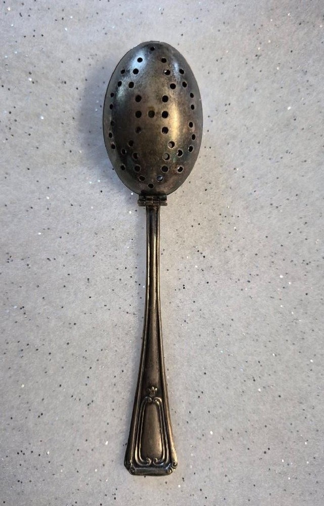 Vintage E & JB Strainer TEA INFUSER Hinged DOUBLE Perforated SPOON SIlverplated
