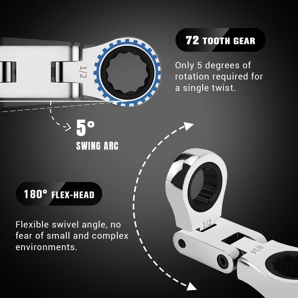 5-Piece Flex-Head Stubby Ratcheting Combination Wrench Set, Mini Double End, ...