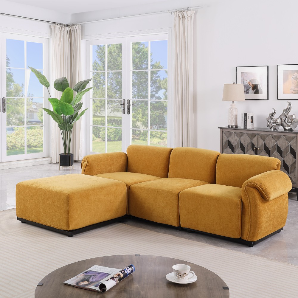 68.5" Green Chenille Sectional Sofa, Iron Frame, Split Back, Square Arms