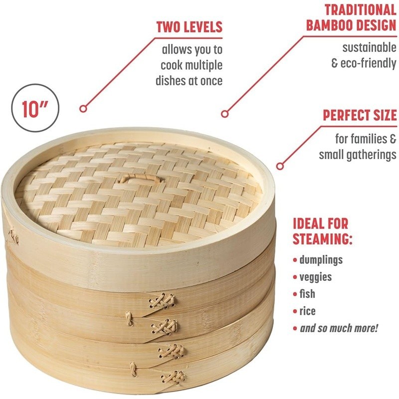 Bamboo Steamer Two-Tier Kitchen Essential Dumplings Fish Veggies Cooking New