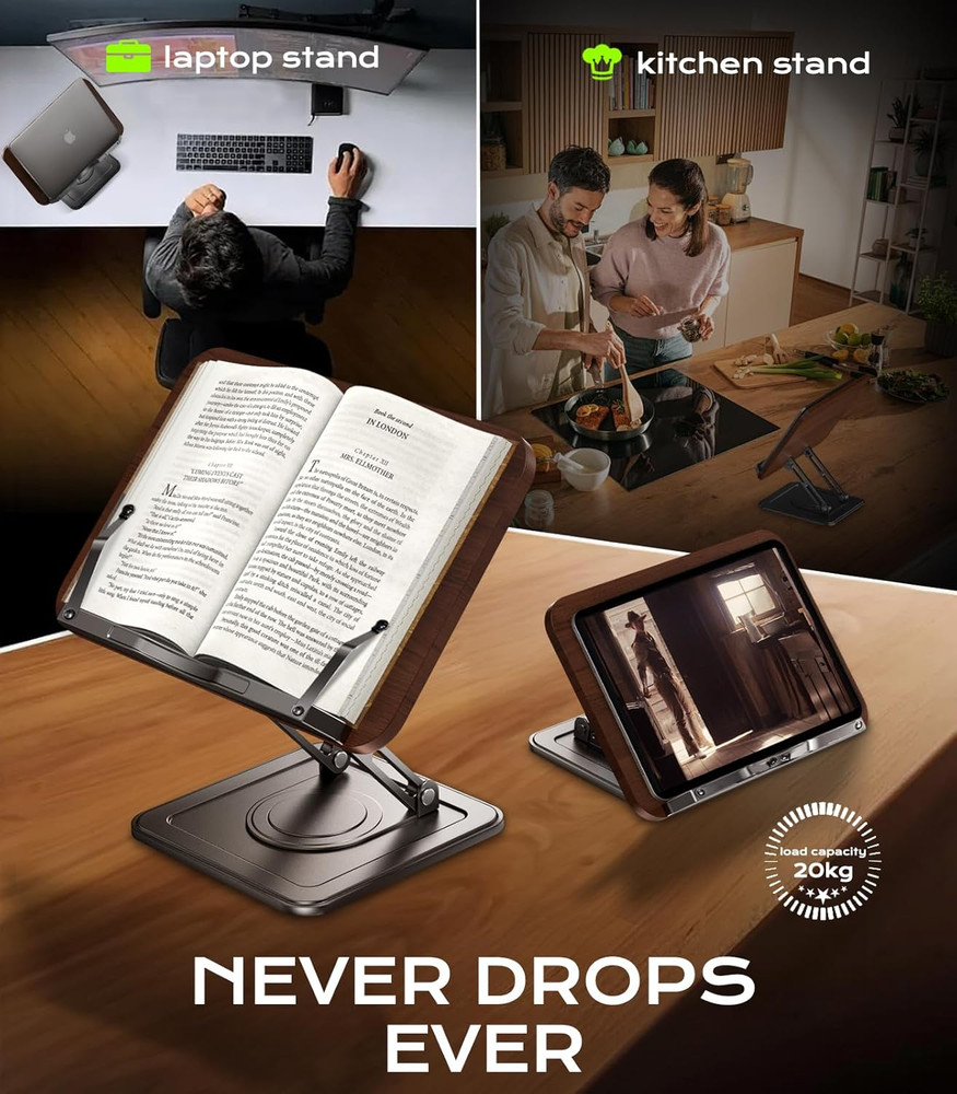 Adjustable Book Stand for Reading 360 Rotating Base Black for Tablets