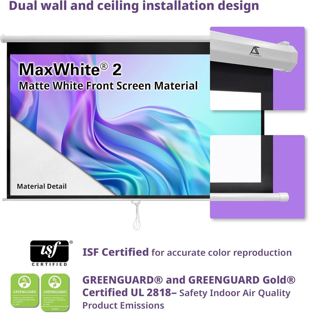 100 Inch Manual Pull Down Projector Screen, 16:10 Retractable Projection Scre...