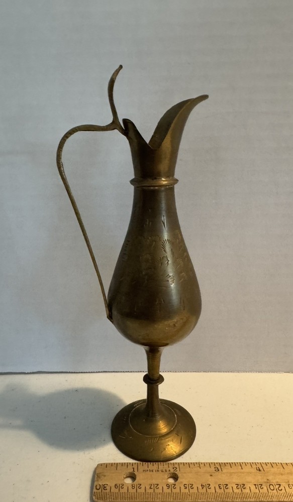 Solid Brass Pitcher 9.5" Floral Leaf Etched Cobra Head Handle Vase