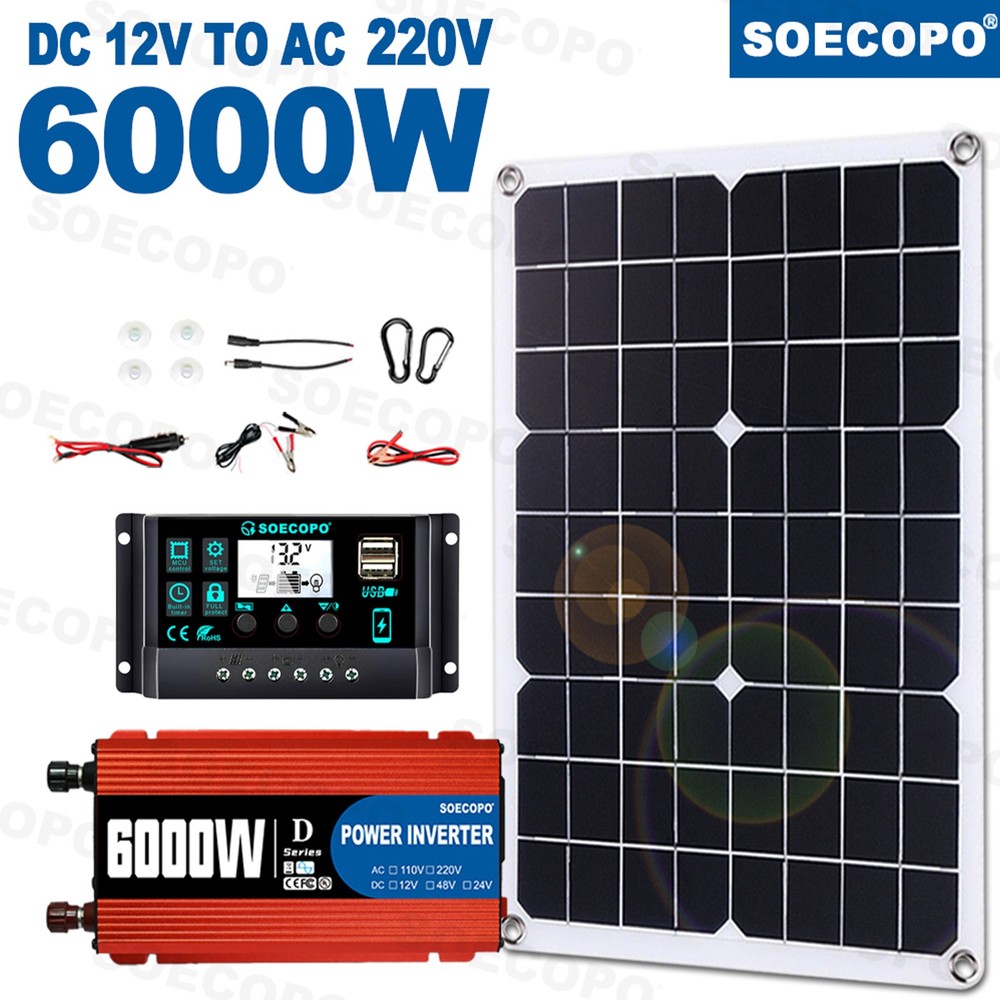 6000W Complete Solar Panel Kit Solar Power Generator 100A Home 110V Grid System