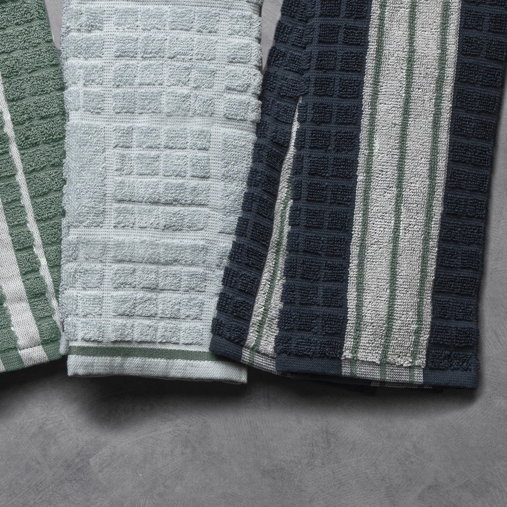 Kitchen Towels, Navy, Green, & White, 5 Pack Set