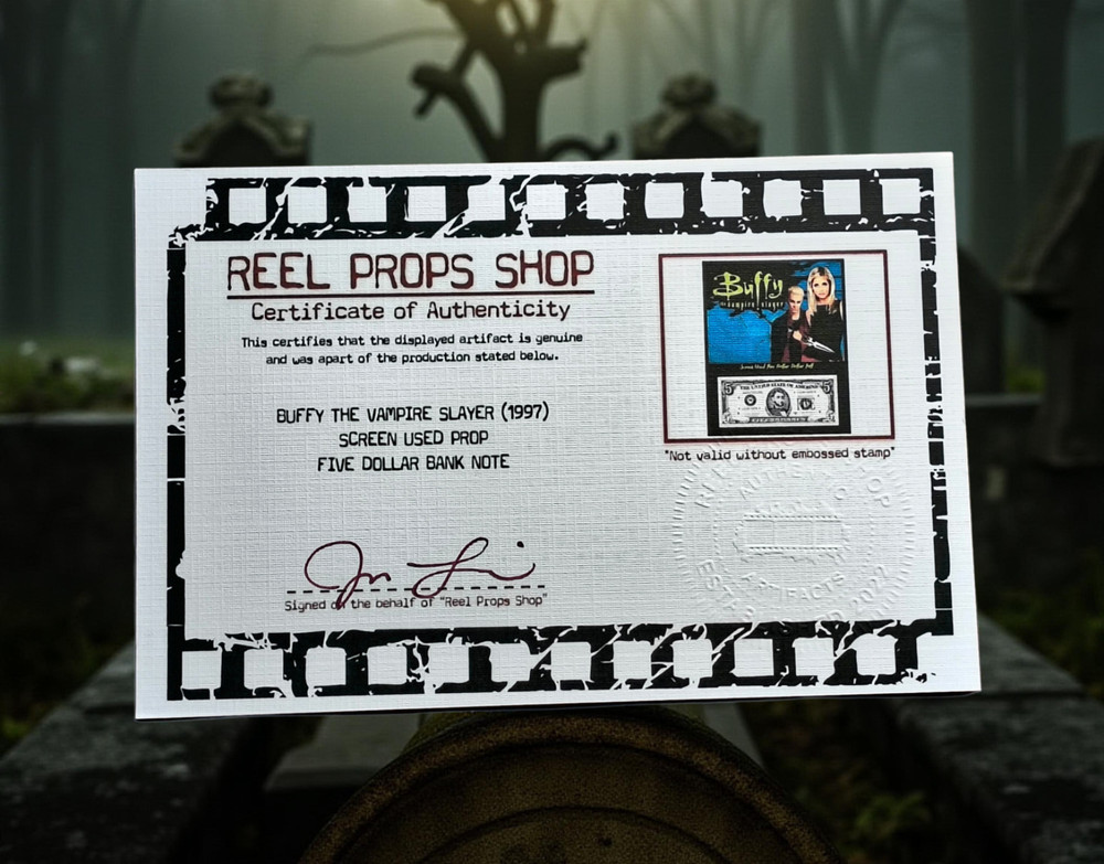 BUFFY THE VAMPIRE SLAYER PROP - SCREEN USED - FRAMED PROP $5 BILL